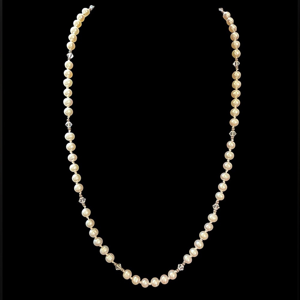 Vintage Sterling Silver Freshwater Pearl and Crystal Dainty Necklace 20”